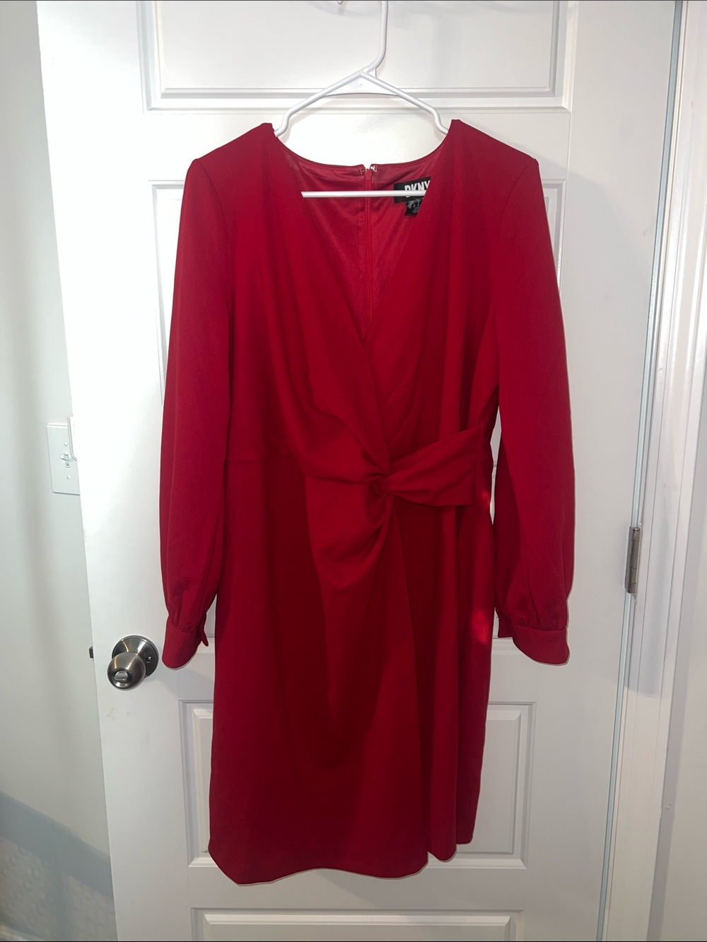 DKNY Crimson Red Long-Sleeve Knot-Waist Dress